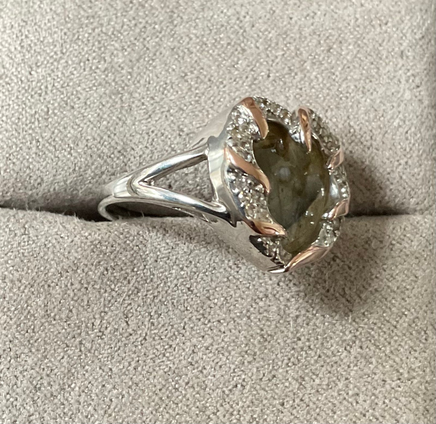 Clogau Dinas Emrys Labradorite and White Topaz ring size N in silver and rose gold