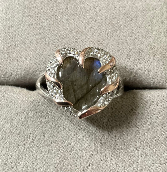 Clogau Dinas Emrys Labradorite and White Topaz ring size N in silver and rose gold