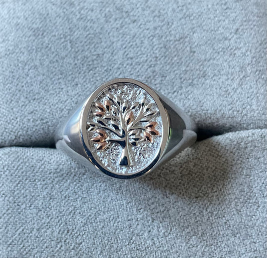 Clogau Unisex Tree of Life Signet ring in silver and rose gold size P
