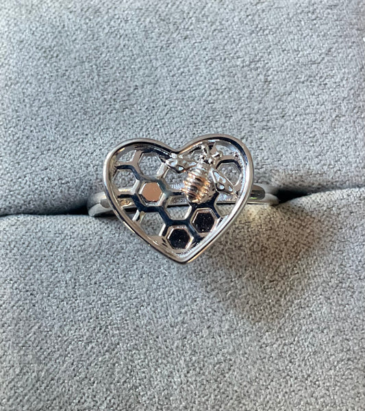 Clogau Honey Bee Honeycomb Heart ring in silver and rose gold sizes O and R