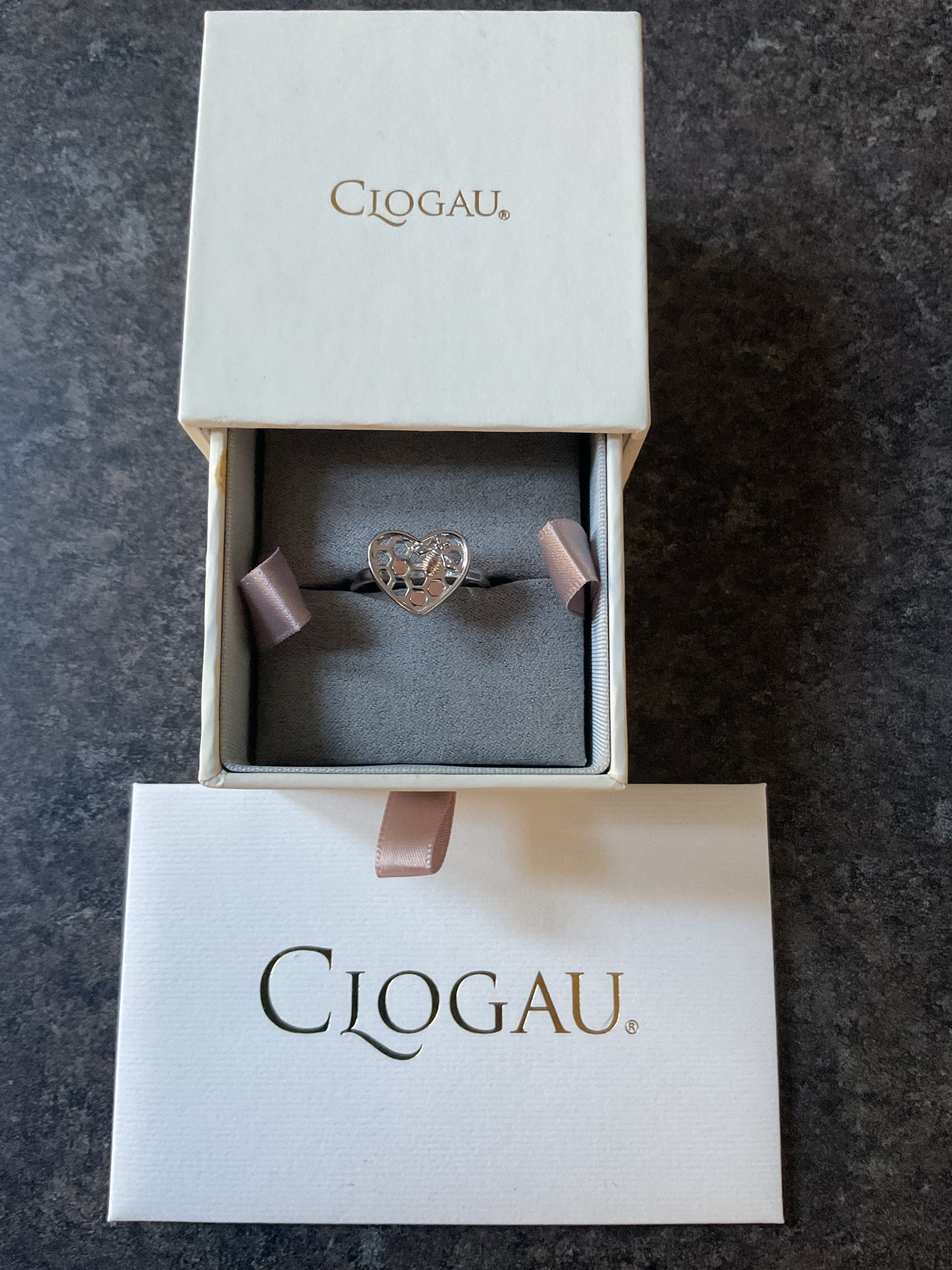 Clogau Honey Bee Honeycomb Heart ring in silver and rose gold sizes O and R