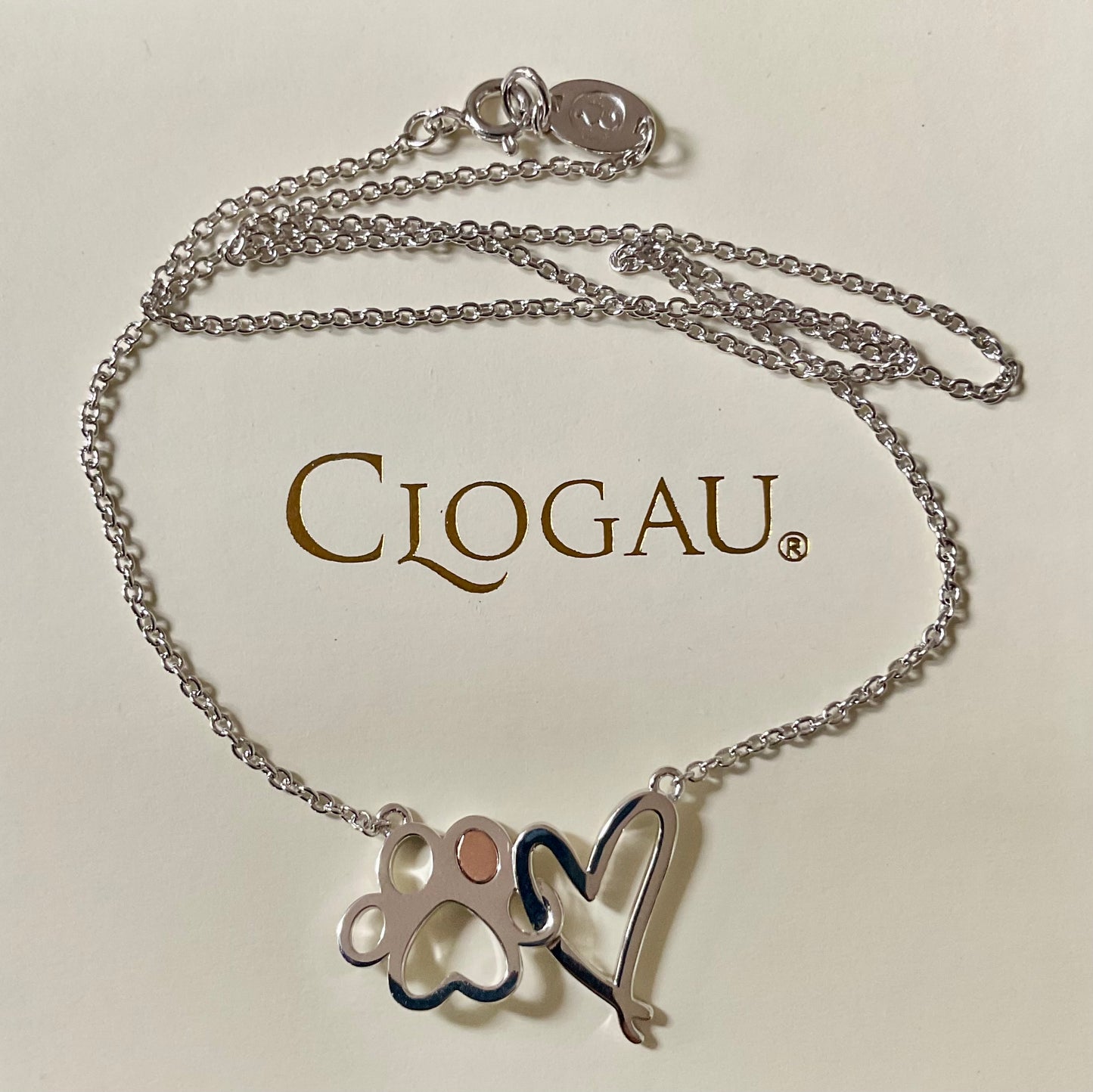 Clogau Paw Prints on my Heart necklet necklace 18” in silver and rose gold