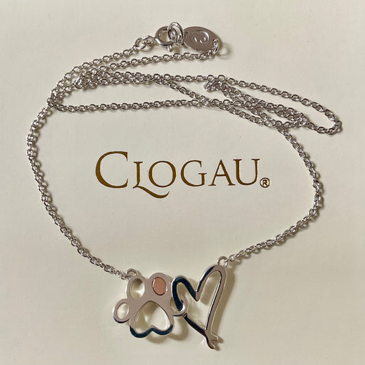 Clogau Paw Prints on my Heart necklet necklace 18” in silver and rose gold