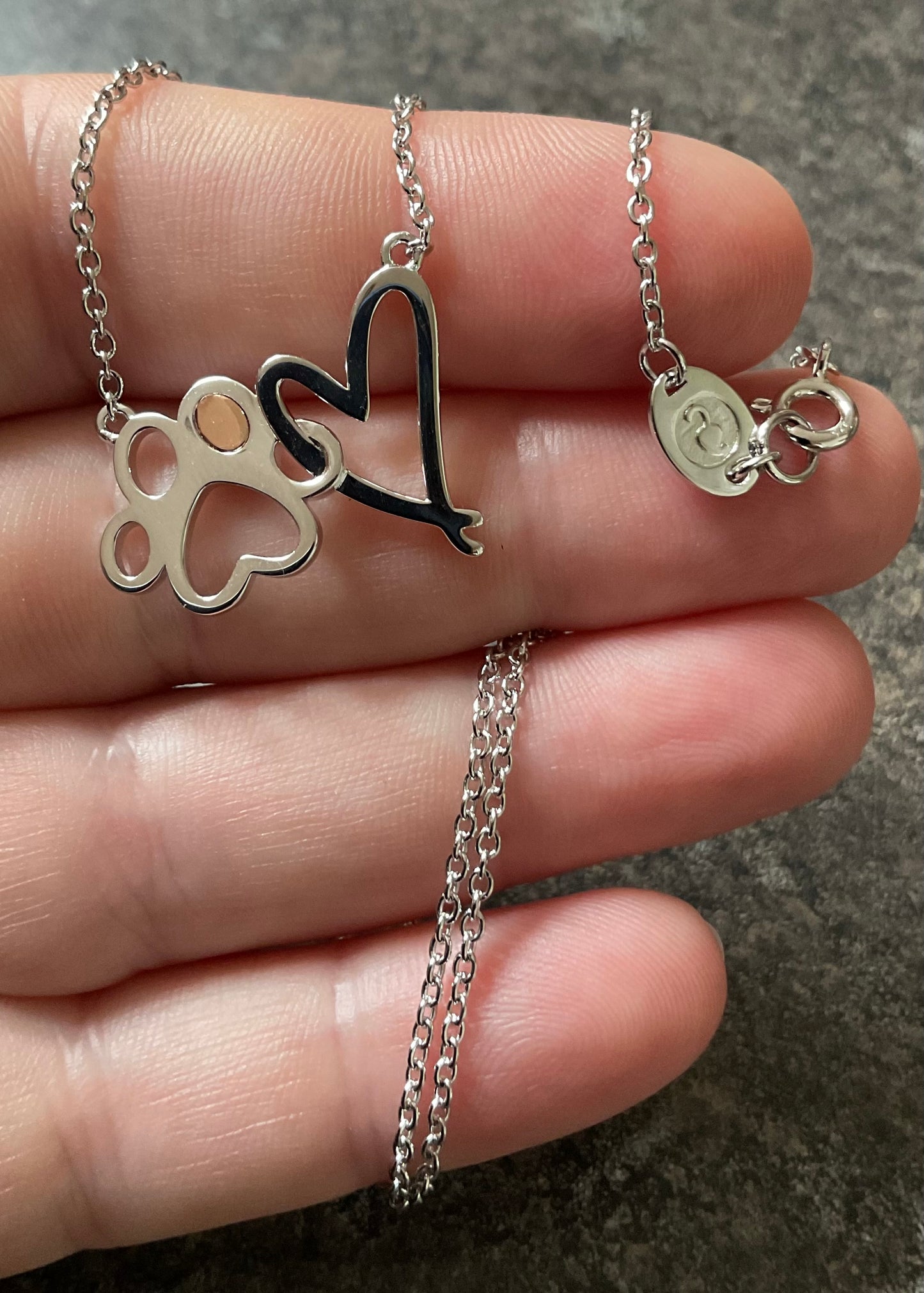 Clogau Paw Prints on my Heart necklet necklace 18” in silver and rose gold
