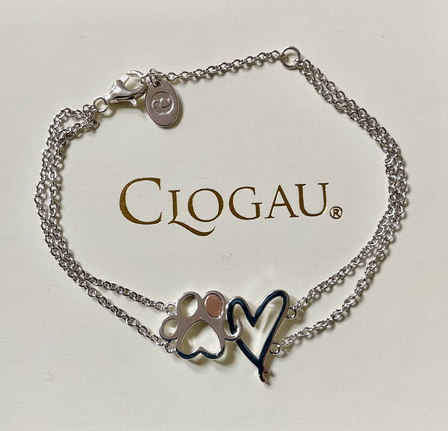 Clogau Paw Prints on my Heart bracelet 16 to 18.5cm in silver and rose gold