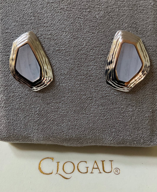 Clogau Capstones Blue Lace Agate stud earrings in silver and rose gold