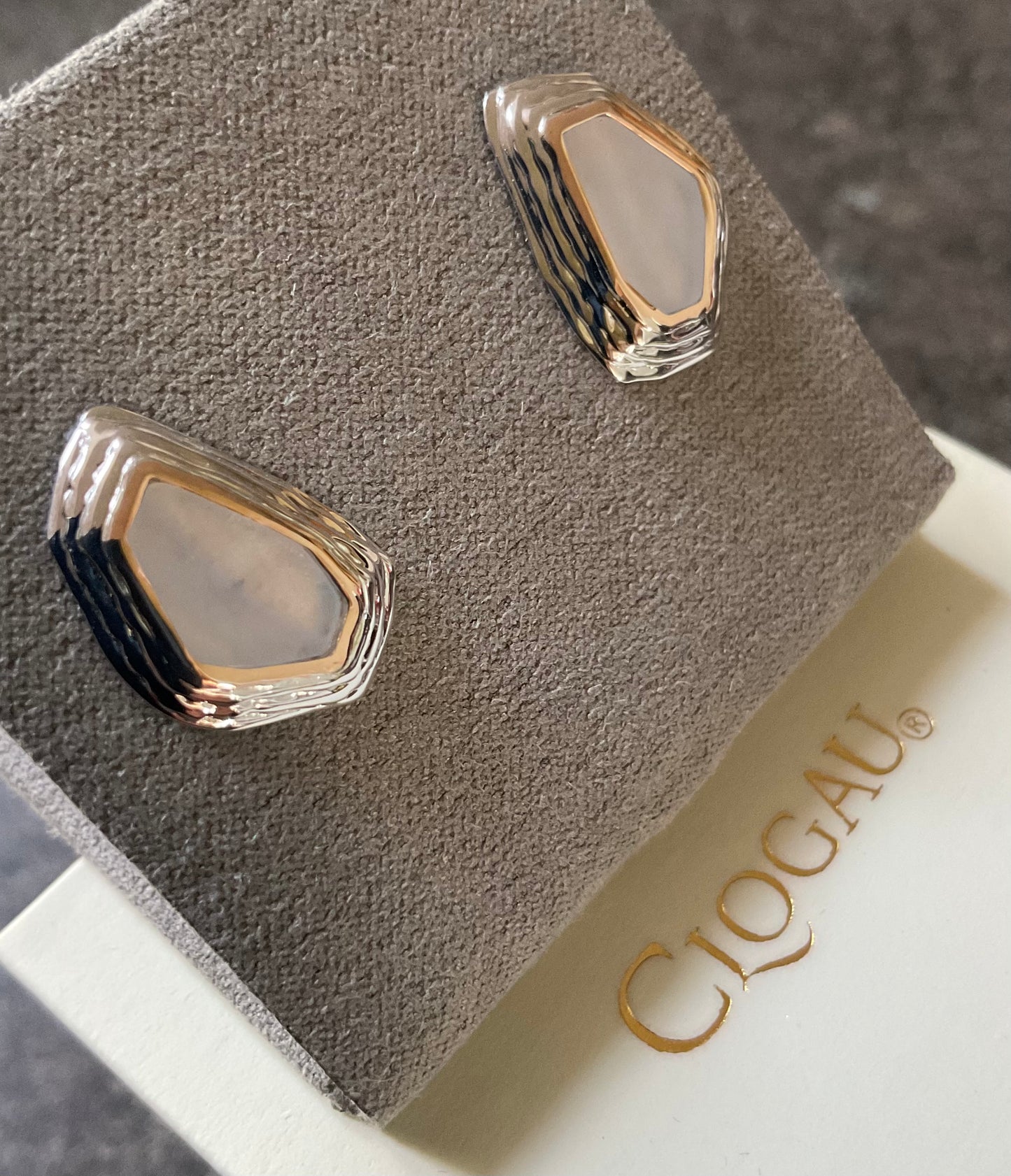 Clogau Capstones Blue Lace Agate stud earrings in silver and rose gold