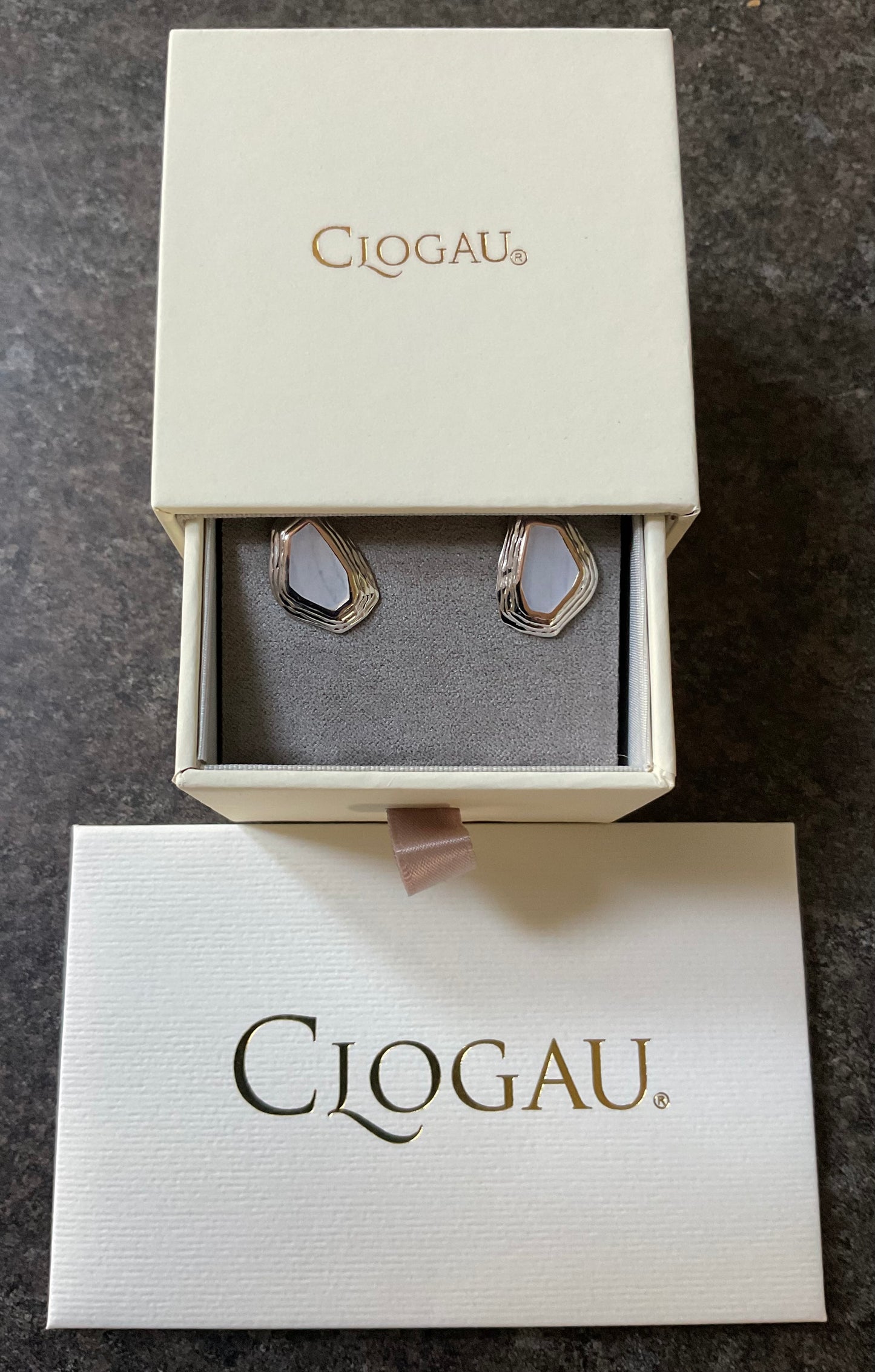 Clogau Capstones Blue Lace Agate stud earrings in silver and rose gold