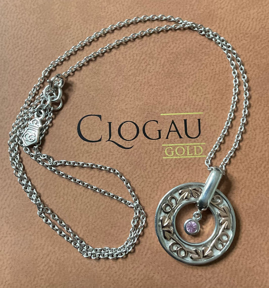 Clogau Tree of Life Pink Sapphire turning circle pendant necklace 18” in silver and rose gold