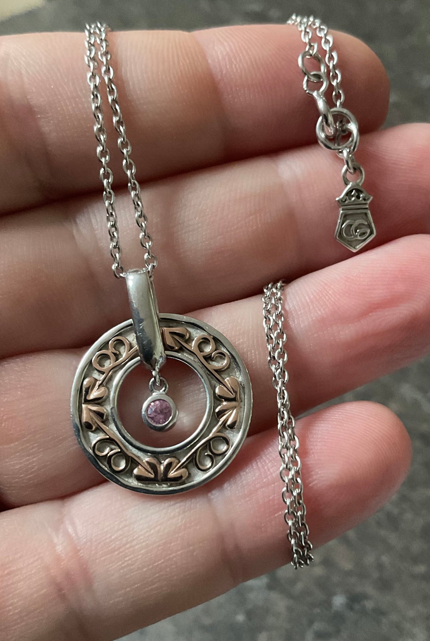 Clogau Tree of Life Pink Sapphire turning circle pendant necklace 18” in silver and rose gold