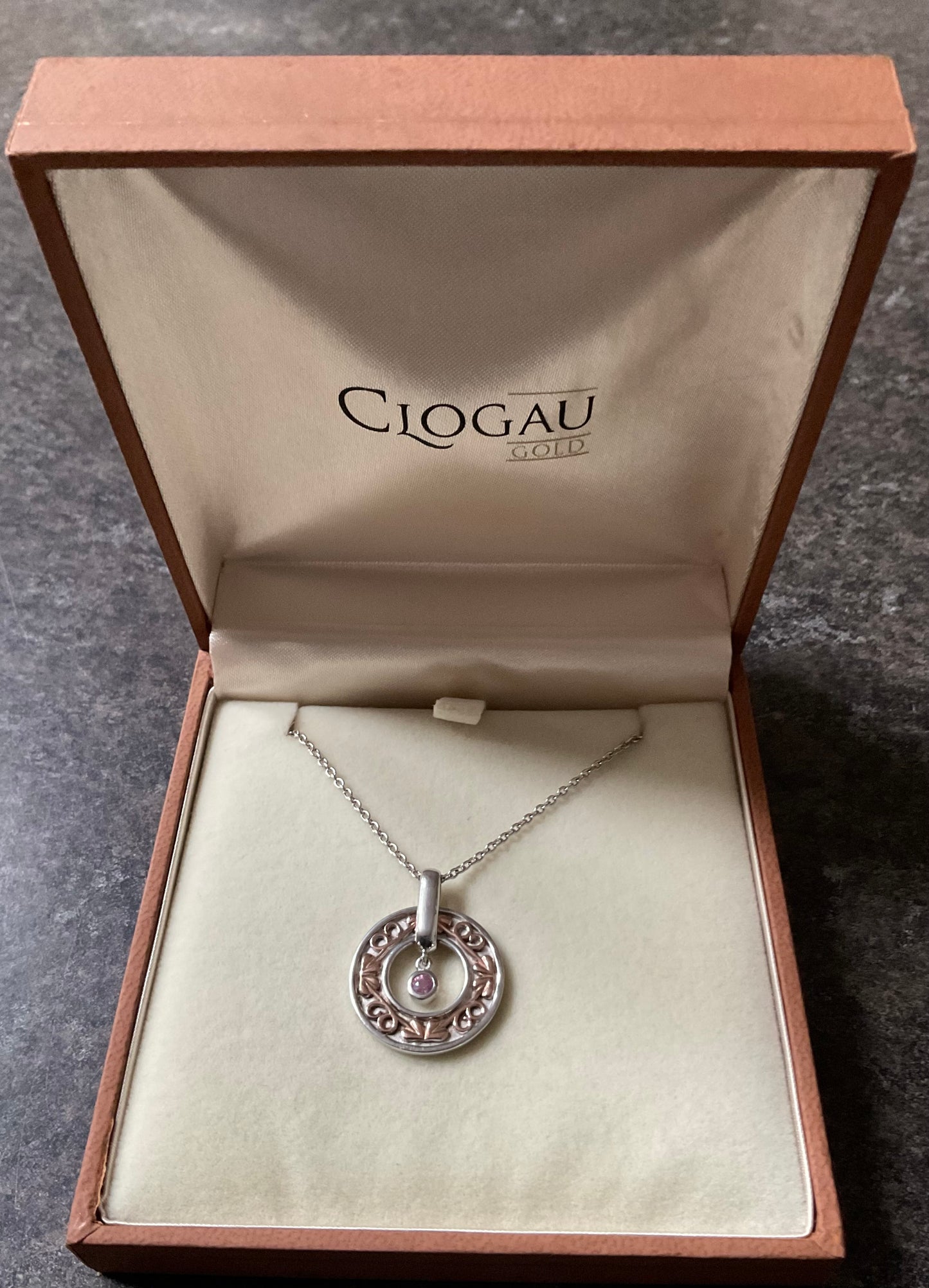 Clogau Tree of Life Pink Sapphire turning circle pendant necklace 18” in silver and rose gold