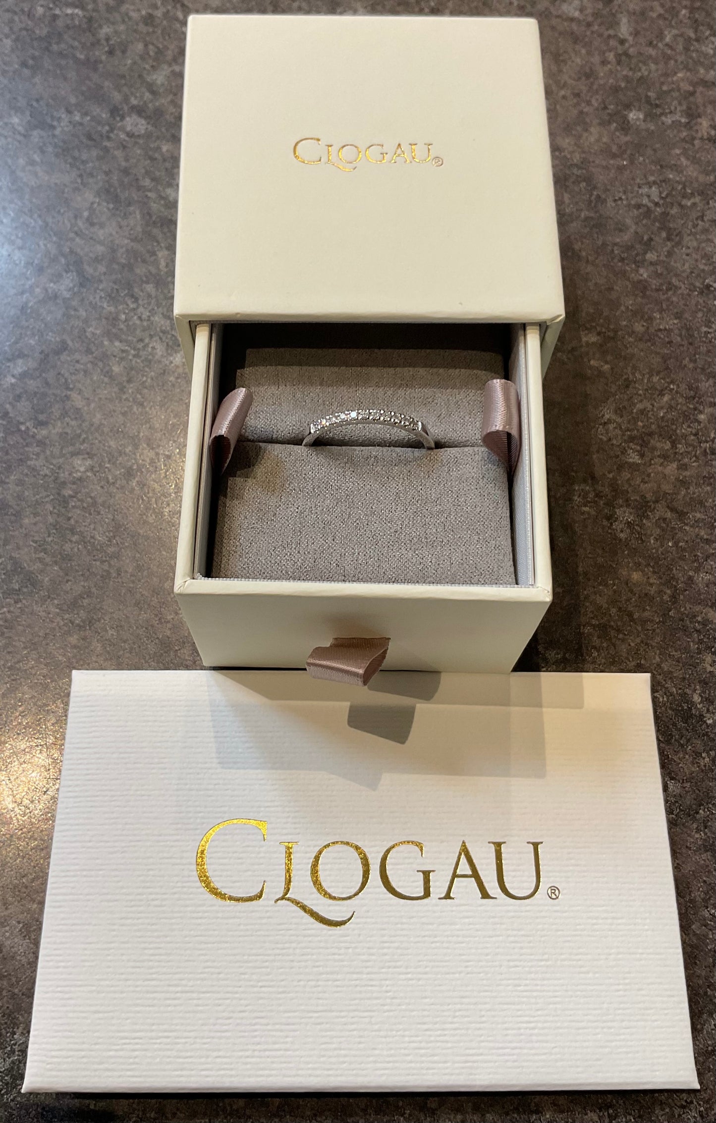 Clogau 9ct Timeless Love white gold and diamond 2mm wedding band ring size T (RRP £750)