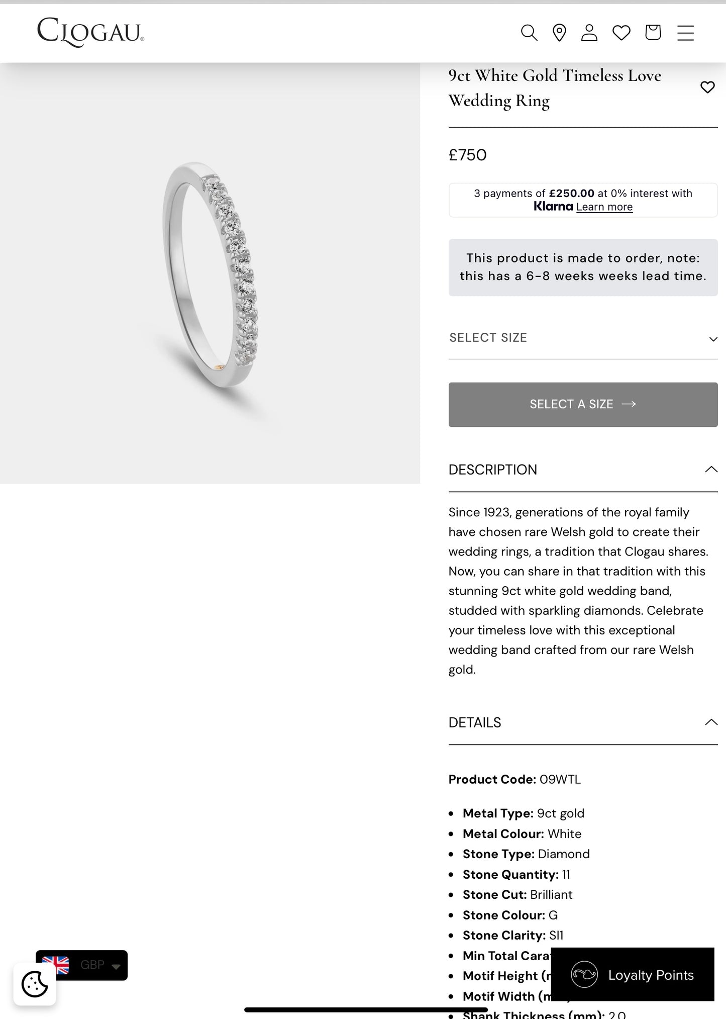 Clogau 9ct Timeless Love white gold and diamond 2mm wedding band ring size T (RRP £750)