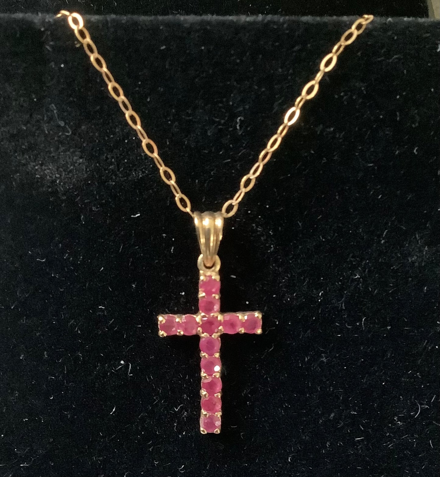 9ct ruby cross crucifix pendant on 16” fine 9ct trace chain yellow gold