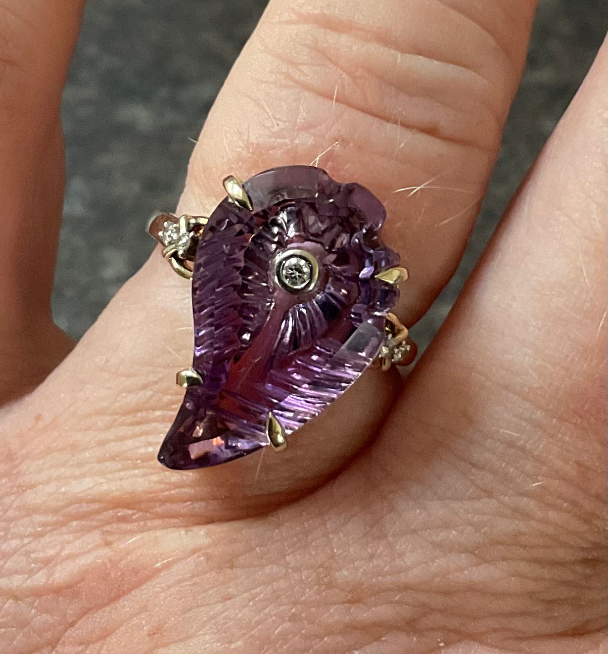 Lehrer 9ct Flame Cut Ametista Amethyst & Diamond Ring size O 8.65cts Limited Edition 13/20