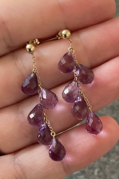 10K Mexico Amethyst Briolette Cascade drop earrings hallmarked yellow gold 4cm