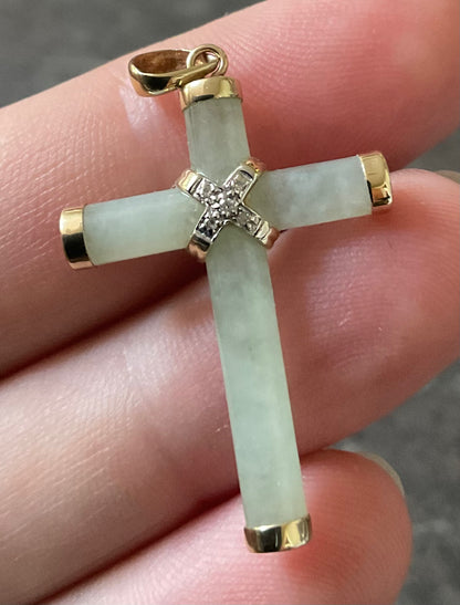 Vintage 14K Jade and Diamond Cross pendant yellow gold 3.8cm stamped WW Unisex