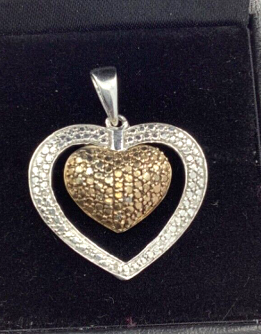 925 white and cognac diamond double heart pendant silver