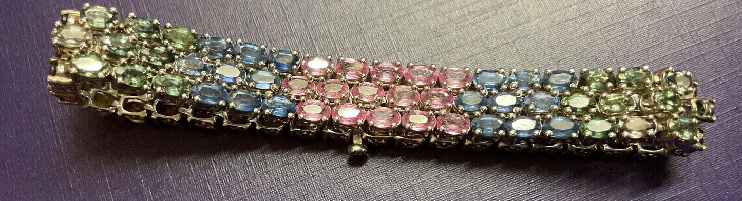 925 Rainbow Sapphire 3 row bracelet sterling silver TJC 19cm