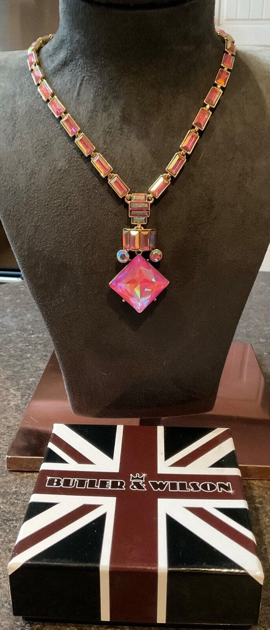 Butler & Wilson pink aurora borealis large crystal necklace 44-50cm original box