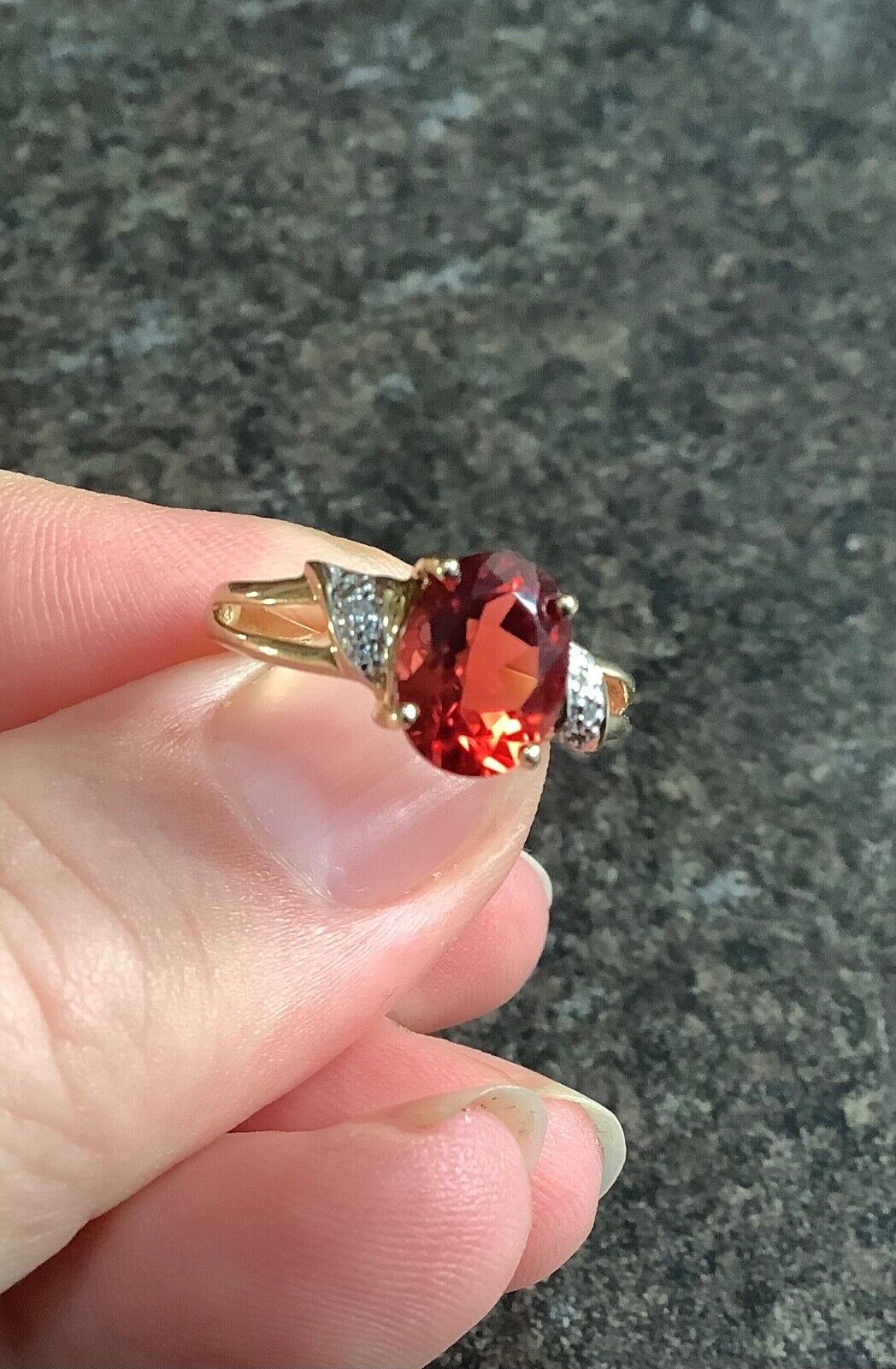 9ct red gemstone and diamond ring size N yellow gold