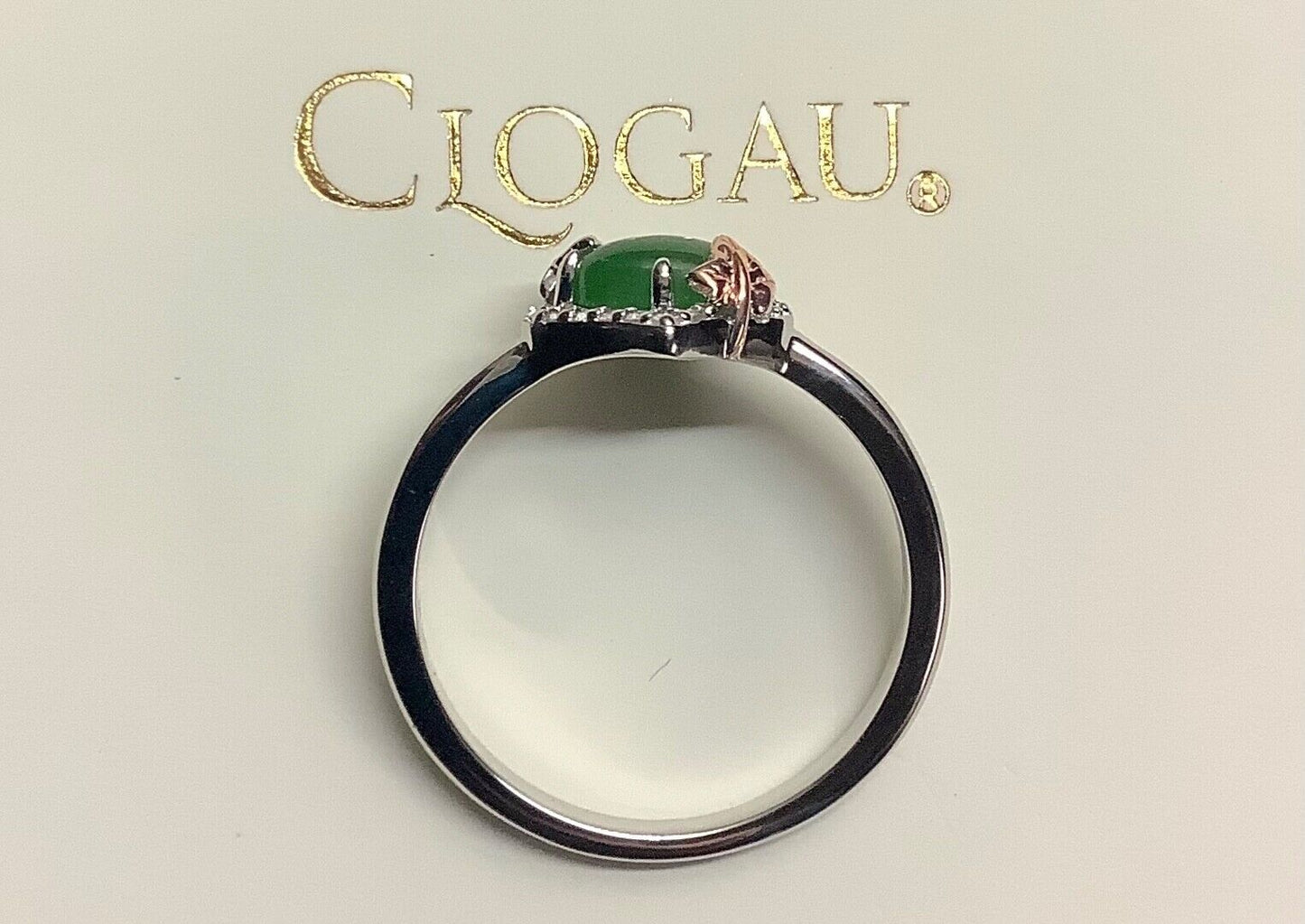 Clogau Ivy Leaves green jasper and white topaz ring size Q silver and rose gold