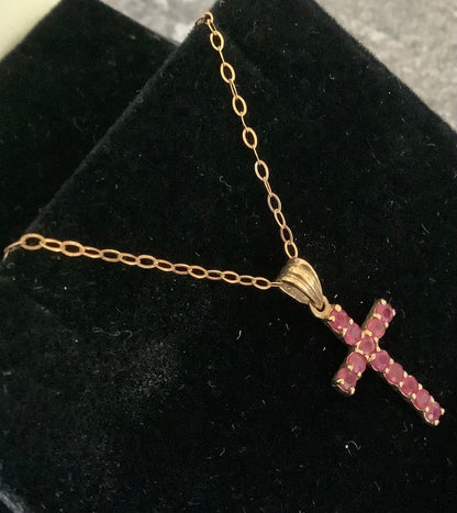 9ct ruby cross crucifix pendant on 16” fine 9ct trace chain yellow gold