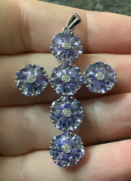 925 tanzanite and diamond cluster cross pendant sterling silver Gemporia 5x3cm