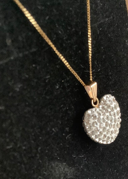 9ct 3D glitter crystal double sided heart pendant 9ct gold chain 18" NOT COSTUME