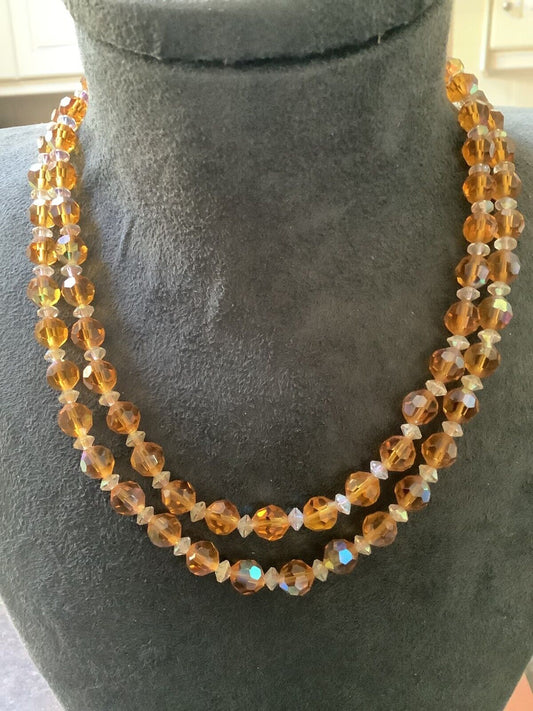 Vintage amber colour & clear faceted bead vintage aurora borealis necklace