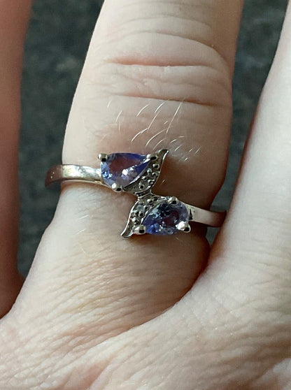 925 Tanzanite and Diamond pear cut bypass ring size Q sterling silver