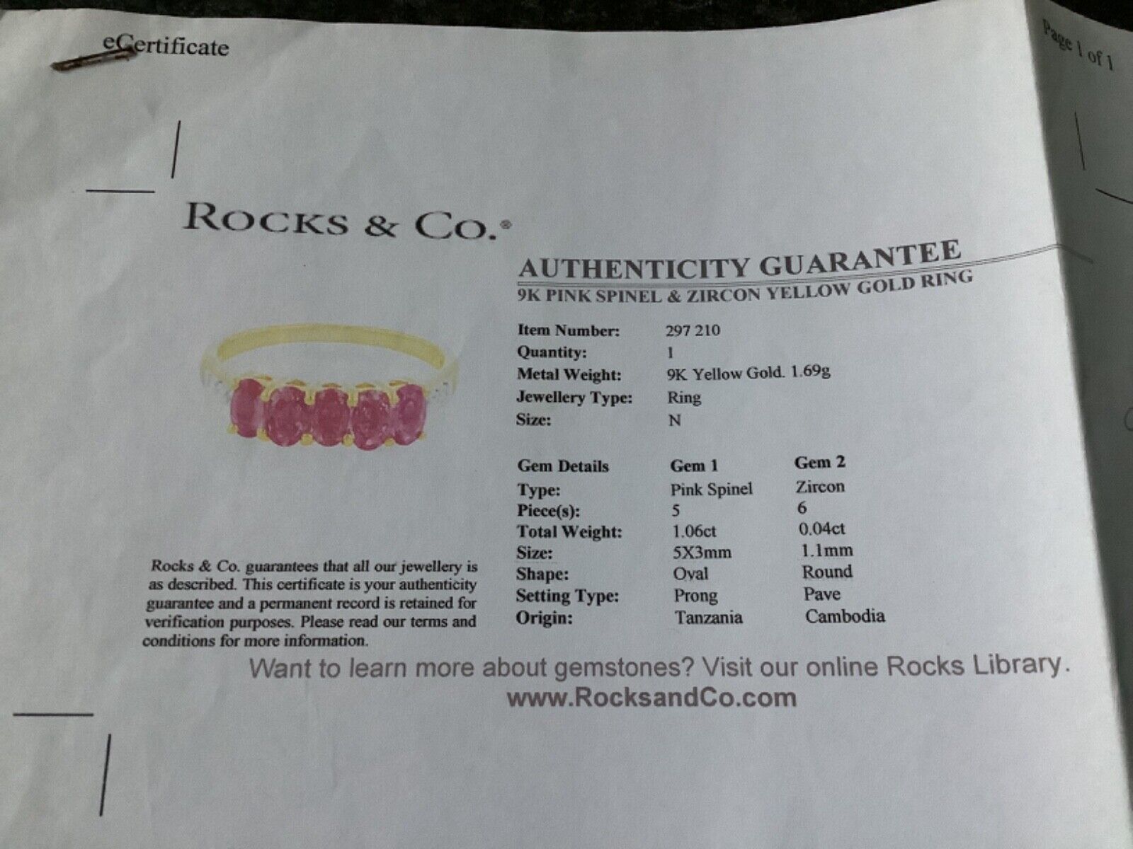 9ct pink spinel and zircon ring size N yellow gold hallmarked