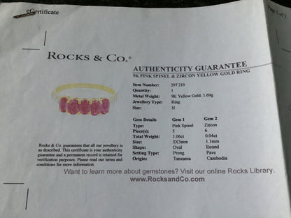 9ct pink spinel and zircon ring size N yellow gold hallmarked