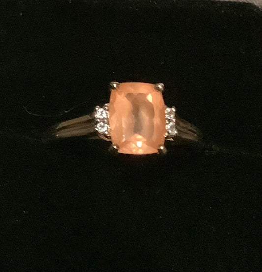 9ct pale orange gemstone ring with diamonds size N1/2 yellow gold