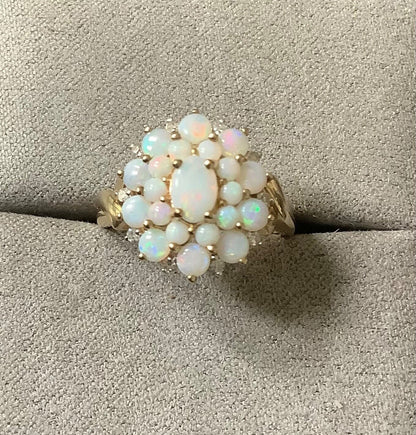 9ct large Opal and Diamond cluster ring size M yellow gold QVC