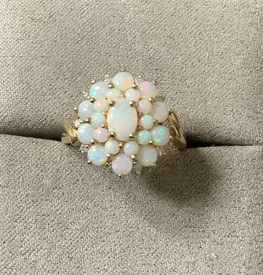9ct large Opal and Diamond cluster ring size M yellow gold QVC