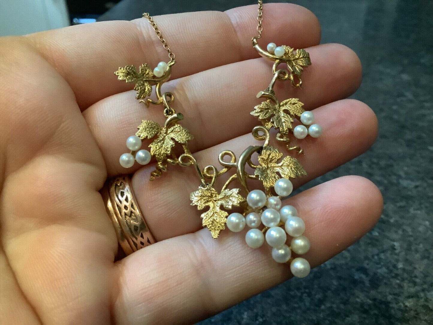 9ct cultured pearl grapevine necklace 16.5" yellow gold vintage ? antique?