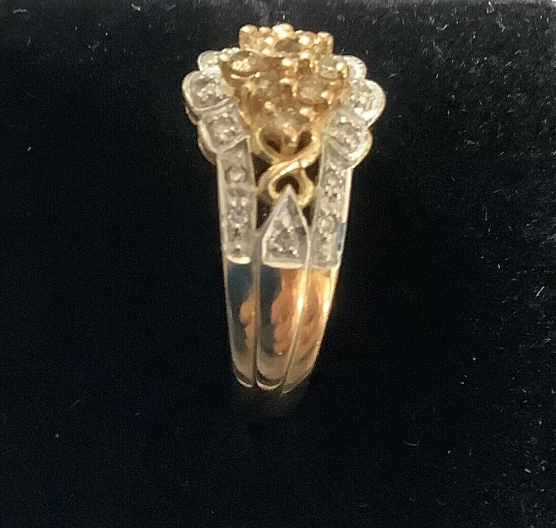 9ct white and champagne diamond cluster ring size S1/2 yellow gold