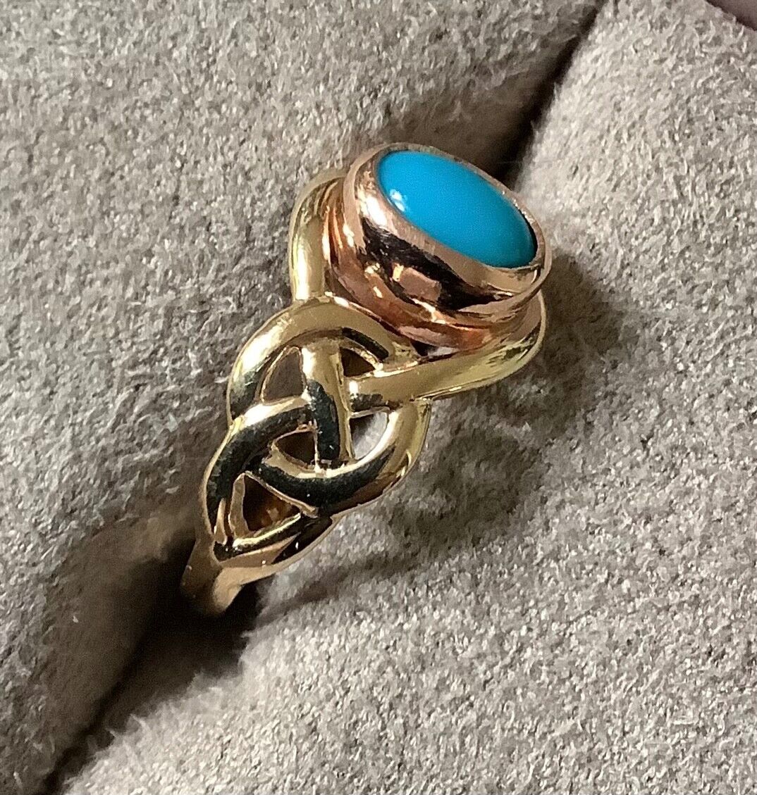 Clogau 9ct Turquoise Celtic weave ring size L yellow and rose gold