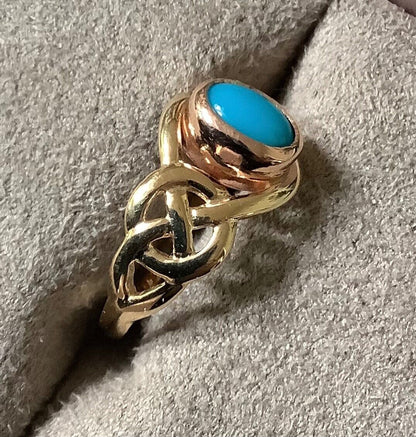 Clogau 9ct Turquoise Celtic weave ring size L yellow and rose gold