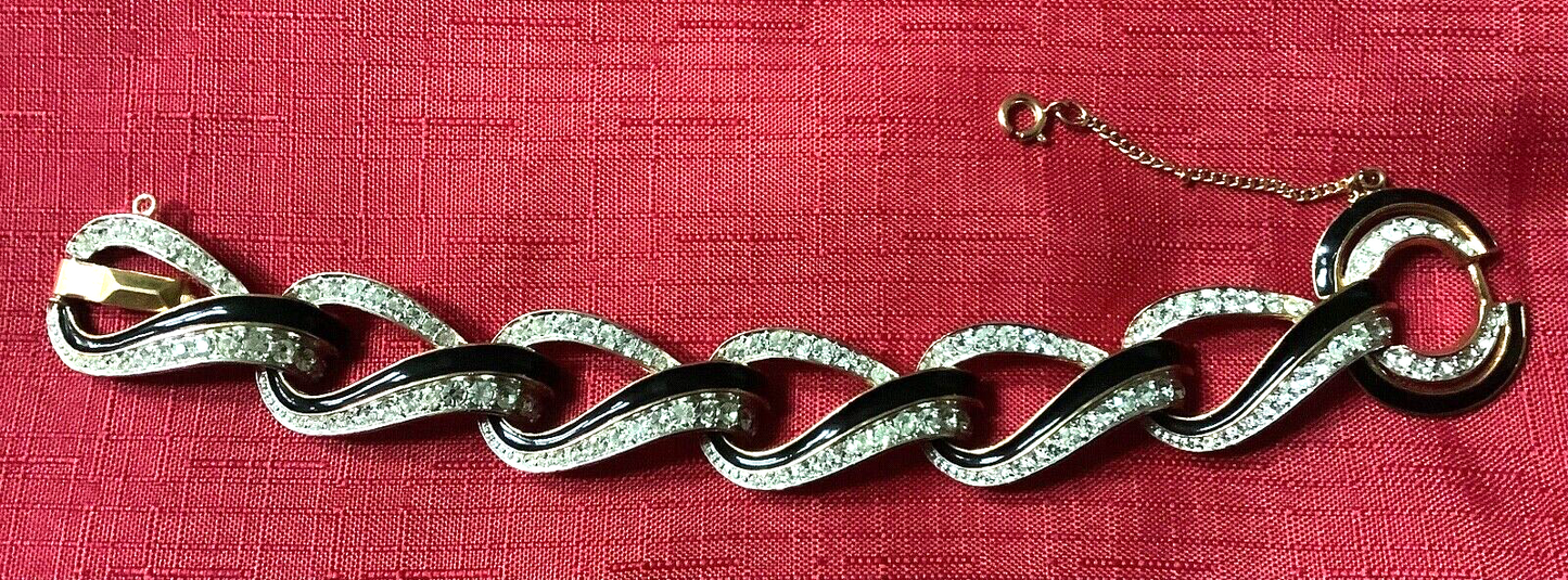 D'Orlan vintage black enamel and crystal RARE chunky bracelet gold plated 18cm