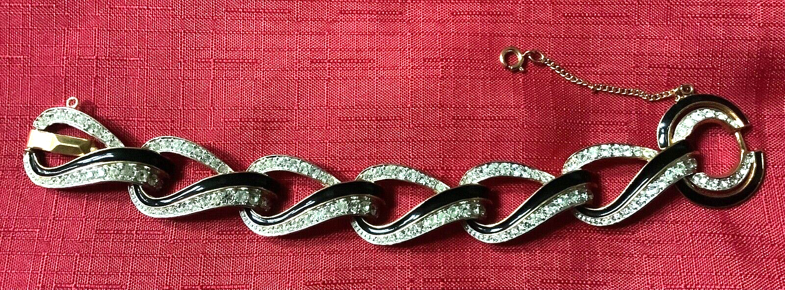 D'Orlan vintage black enamel and crystal RARE chunky bracelet gold plated 18cm
