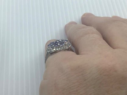 9ct tanzanite and natural diamond white gold halo cluster ring size M1/2