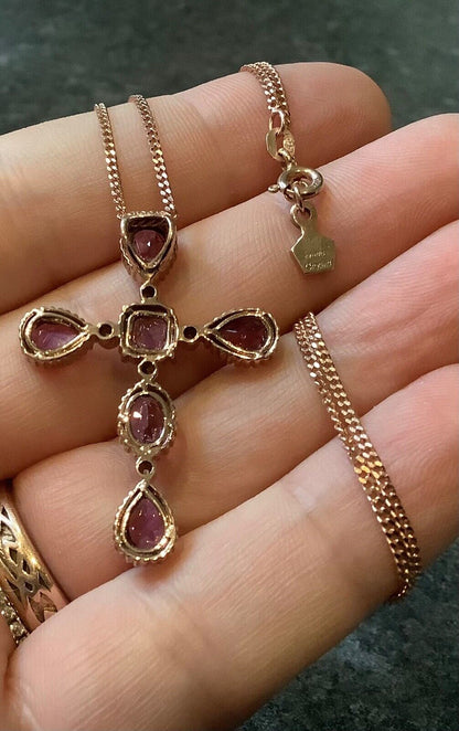 Clogau 9ct Amethyst and Diamond rose gold cross pendant necklace 18"