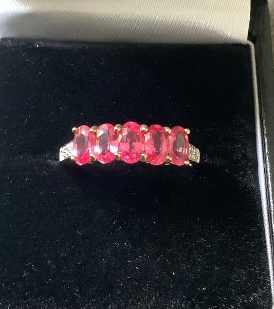 9ct pink spinel and zircon ring size N yellow gold hallmarked
