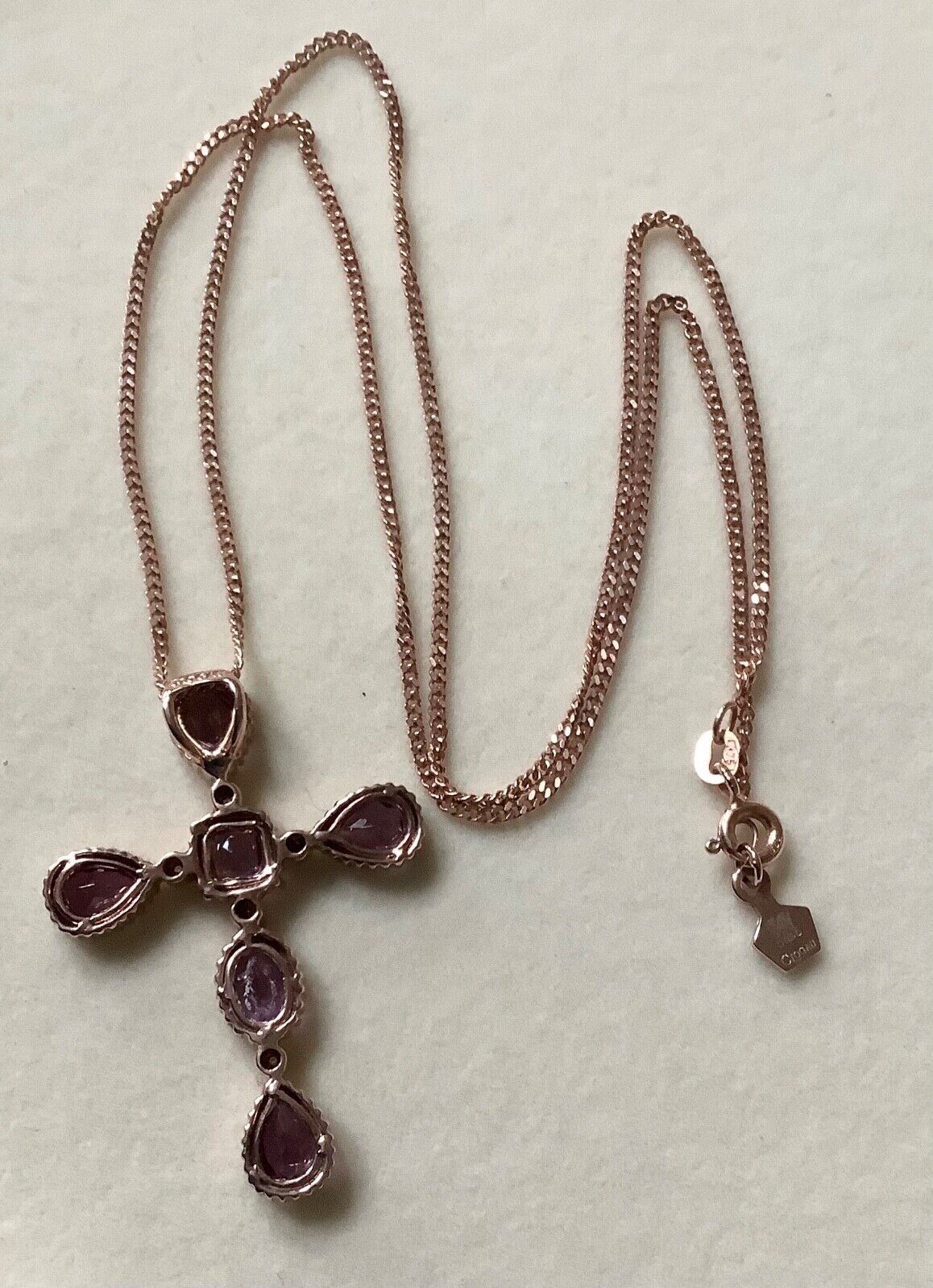 Clogau 9ct Amethyst and Diamond rose gold cross pendant necklace 18"