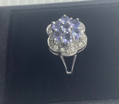 9ct tanzanite and natural diamond white gold halo cluster ring size M1/2