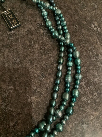 Honora Pearls 3 row cultured pearl necklace with silver clasp 17.5" green