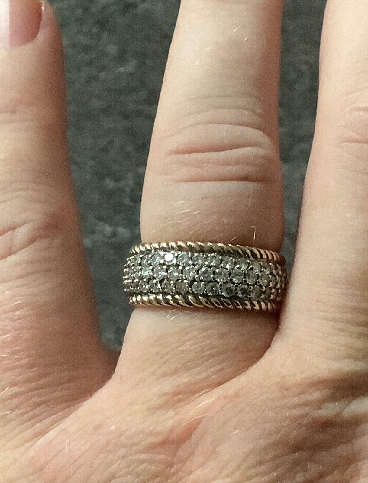 9ct gold diamond designer Sonia Bitton 3 row rope edge ring size N1/2-O 7.77g