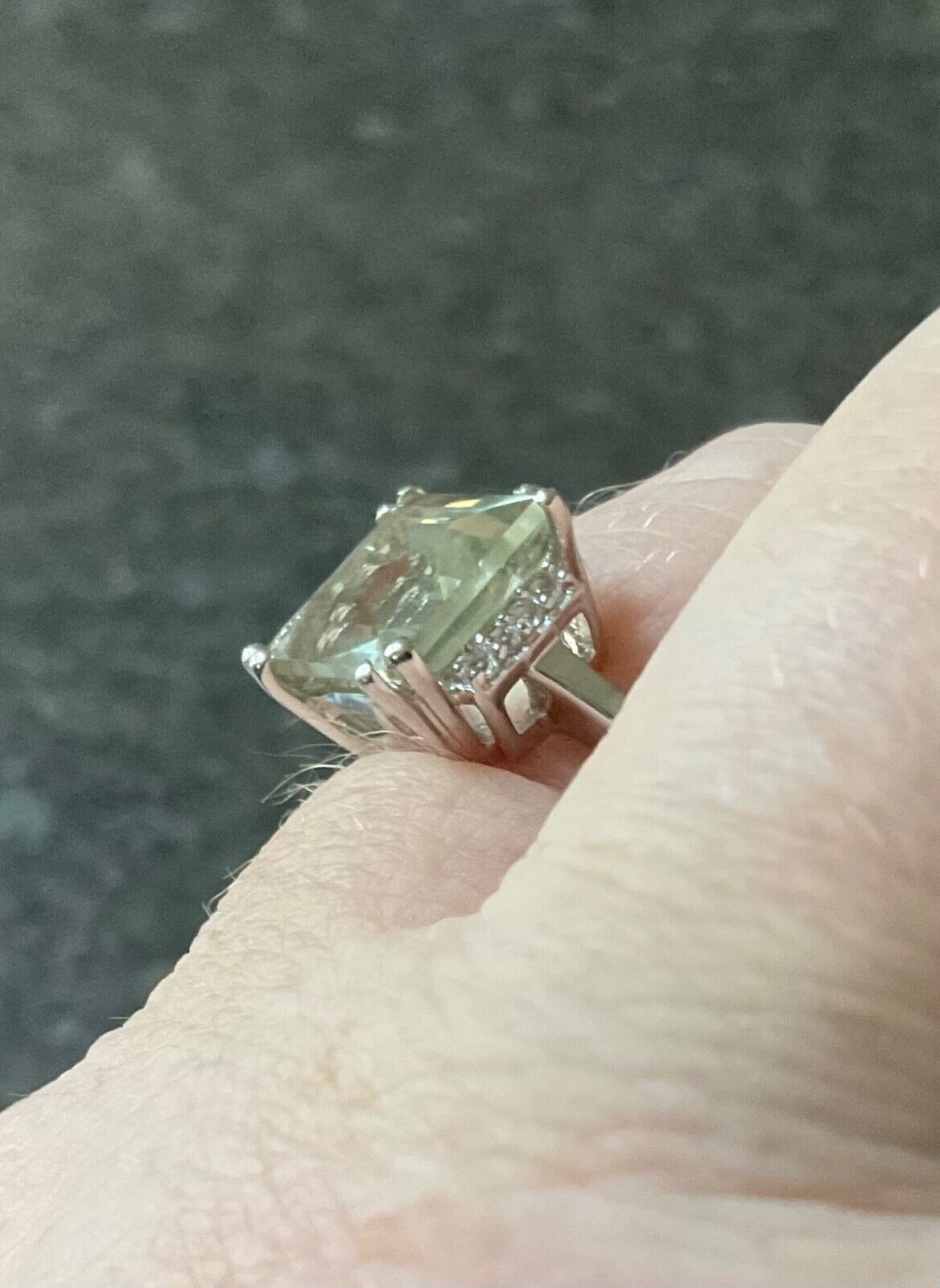 925 Green Amethyst & Zircon square cut ring size P sterling silver